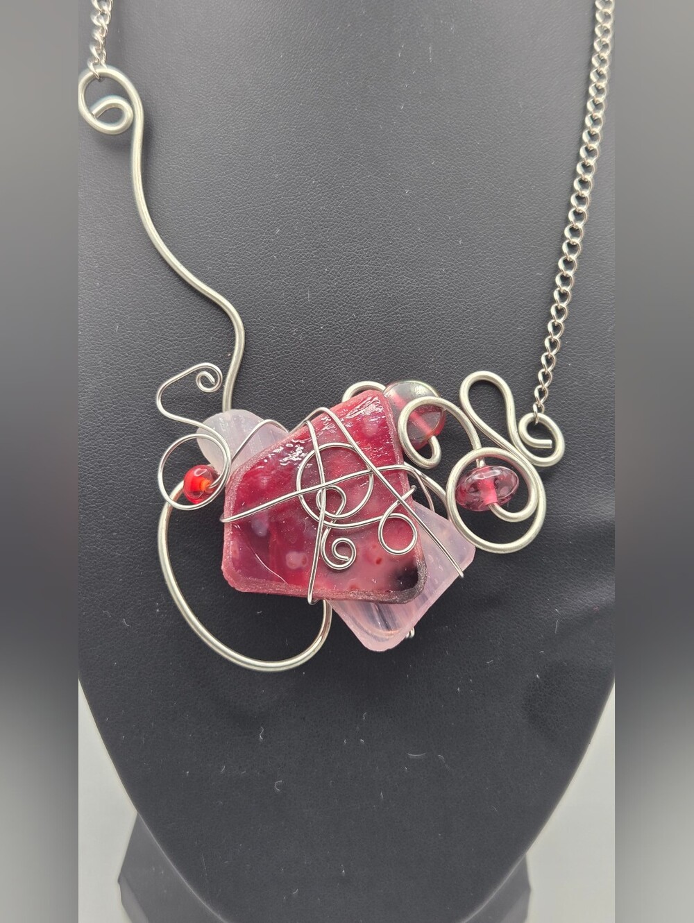 Cath Signed Artisan Wire-Wrapped Glass Statement Necklace Handcrafted Art Glas